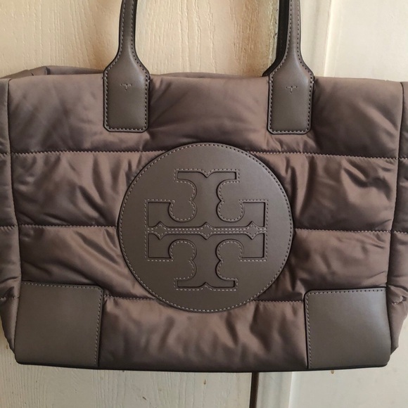 Tory Burch Ella Mini Taupe Puffer Bag. NWOT Approx 13” W x 10” H. Handle drop 8” - Picture 1 of 12
